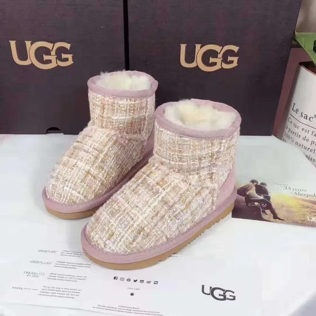 UGG Beige Pink Tweed-Woven Upper Ribbed Cuff Snow Boots 5