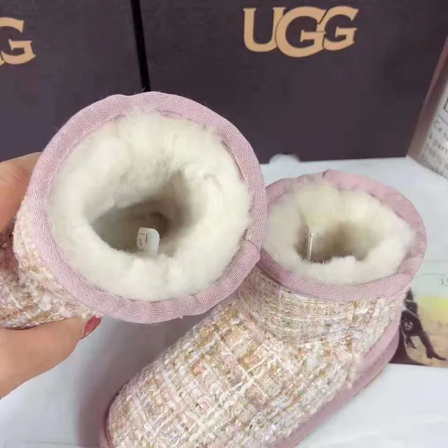 UGG Beige Pink Tweed-Woven Upper Ribbed Cuff Snow Boots 6