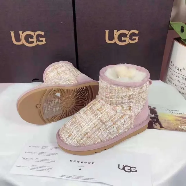 UGG Beige Pink Tweed-Woven Upper Ribbed Cuff Snow Boots 7