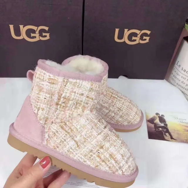UGG Beige Pink Tweed-Woven Upper Ribbed Cuff Snow Boots 9