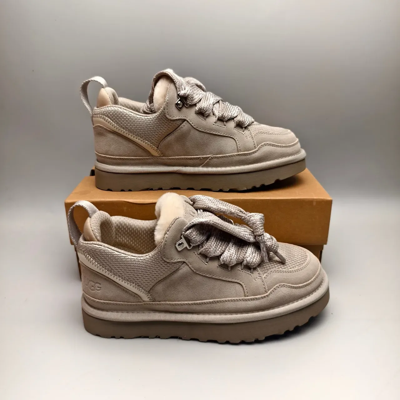 UGG Beige White Shearling-Lined Mixed-Material Upper Lifestyle Sneakers 5