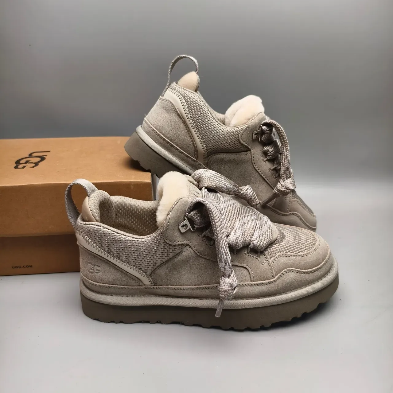 UGG Beige White Shearling-Lined Mixed-Material Upper Lifestyle Sneakers 6