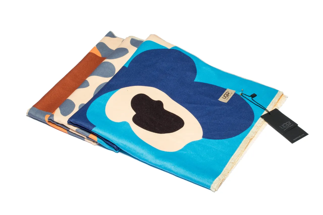 UGG Blue Beige Abstract Graphic Print Bold Color Blocking Scarve 1