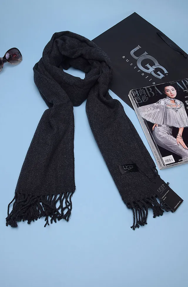 UGG Classic Black Thick Woven Texture Fringed Edges Cashmere Scarf 3