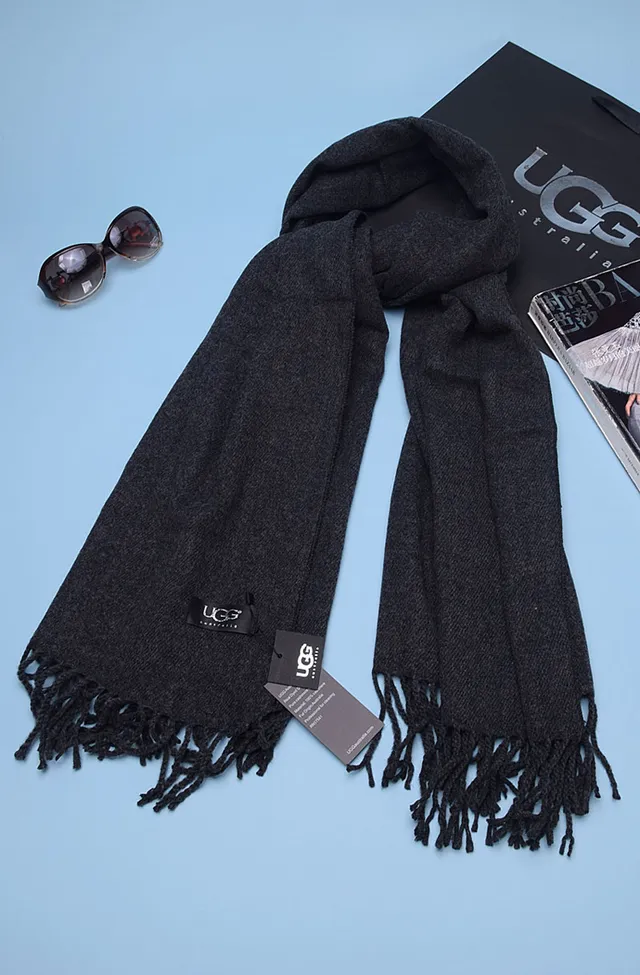 UGG Classic Black Thick Woven Texture Fringed Edges Cashmere Scarf 5
