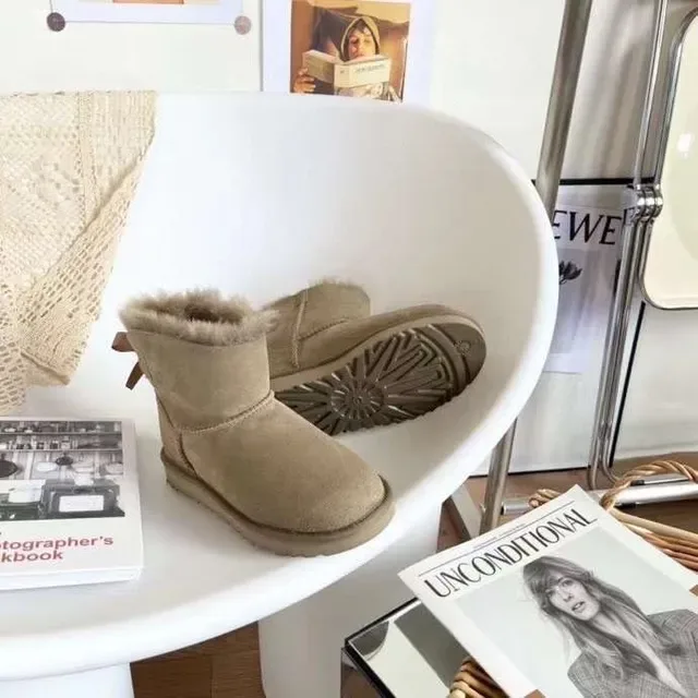 UGG Classic Mini Beige Suede Shearling-Lined Snow Boots 3