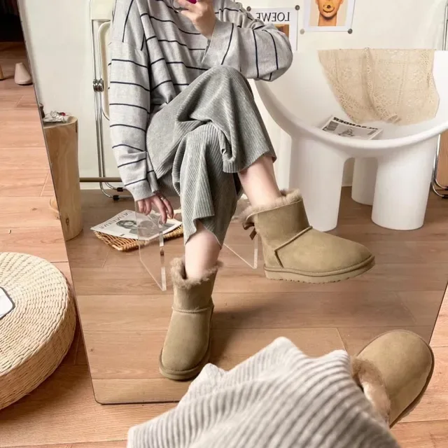 UGG Classic Mini Beige Suede Shearling-Lined Snow Boots 7