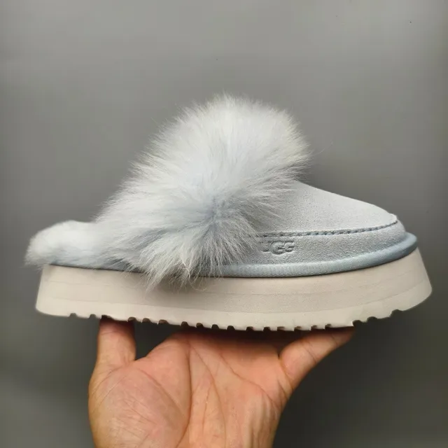 UGG Gray White Platform Sole Pom-Pom Fur Trim Slippers 2