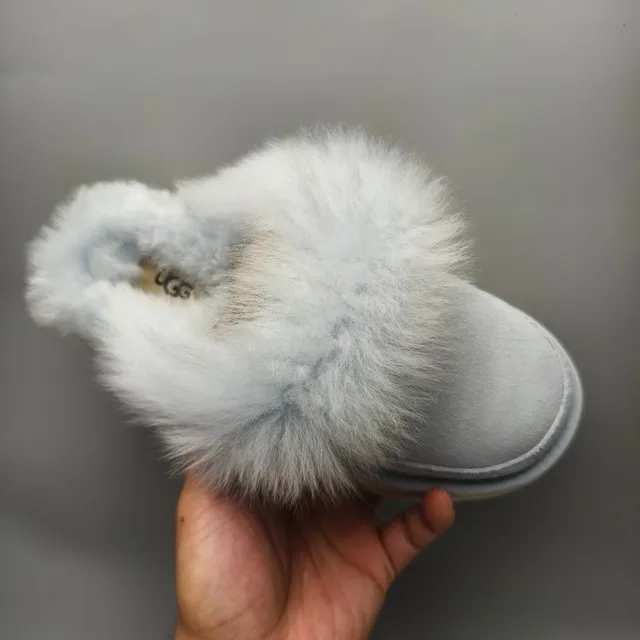 UGG Gray White Platform Sole Pom-Pom Fur Trim Slippers 3