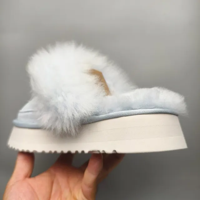 UGG Gray White Platform Sole Pom-Pom Fur Trim Slippers 4