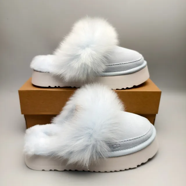 UGG Gray White Platform Sole Pom-Pom Fur Trim Slippers 5