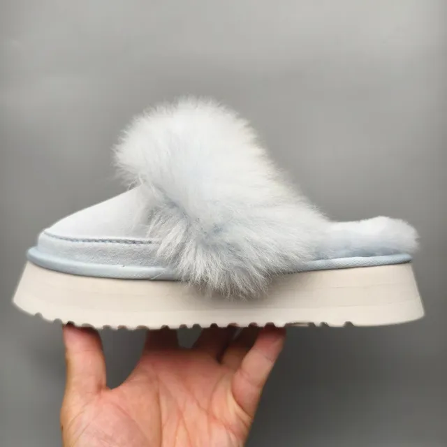 UGG Gray White Platform Sole Pom-Pom Fur Trim Slippers 7