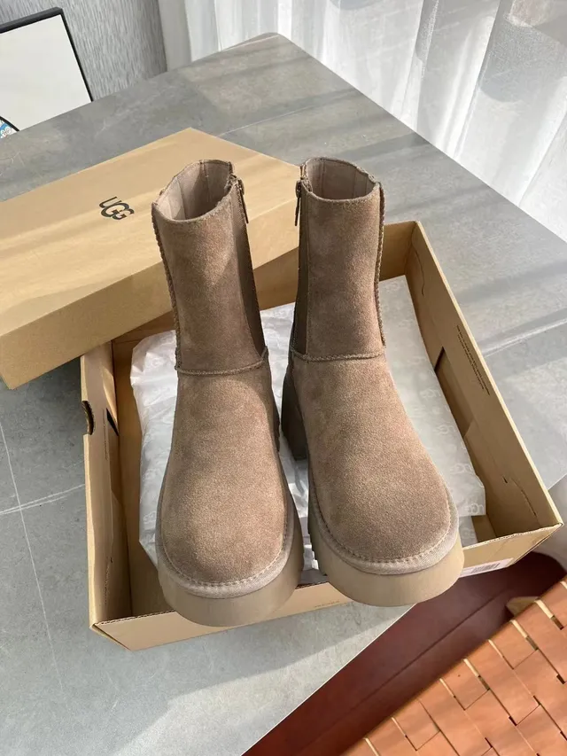 UGG Tasman بيج بني جلد ناعم علوي كعب منصة كثيف كعب منصة أحذية كاحل 2