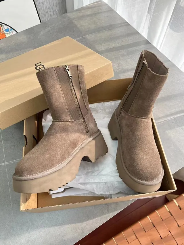 UGG Tasman بيج بني جلد ناعم علوي كعب منصة كثيف كعب منصة أحذية كاحل 3