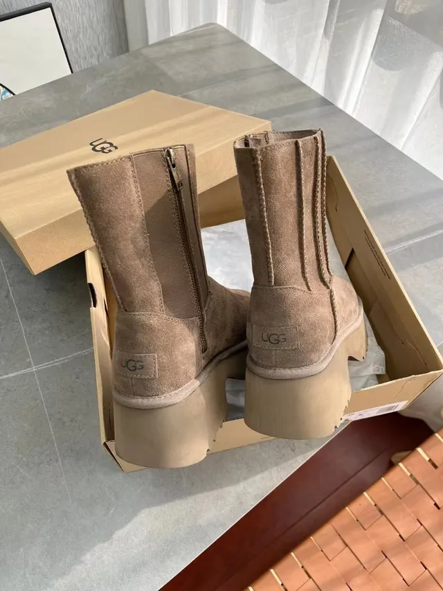 UGG Tasman بيج بني جلد ناعم علوي كعب منصة كثيف كعب منصة أحذية كاحل 4