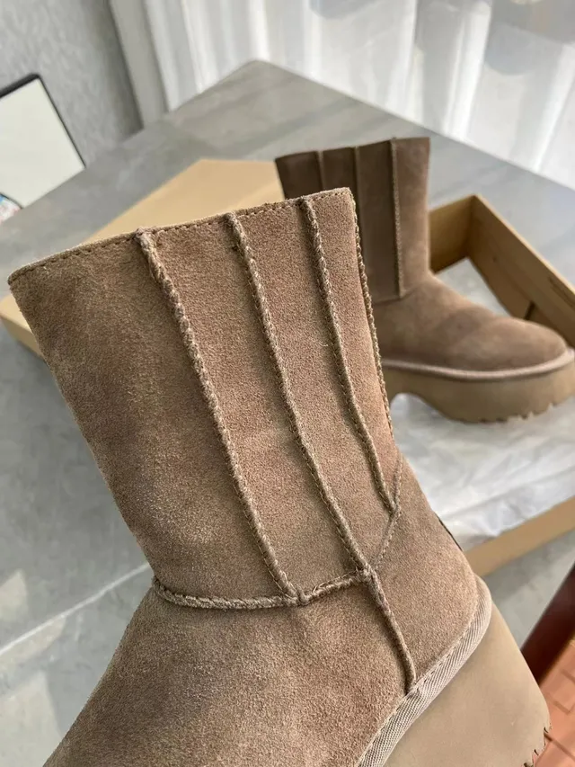 UGG Tasman بيج بني جلد ناعم علوي كعب منصة كثيف كعب منصة أحذية كاحل 7