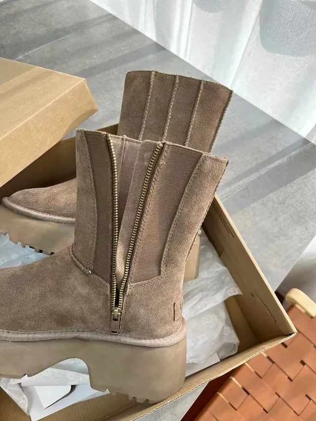 UGG Tasman بيج بني جلد ناعم علوي كعب منصة كثيف كعب منصة أحذية كاحل 8