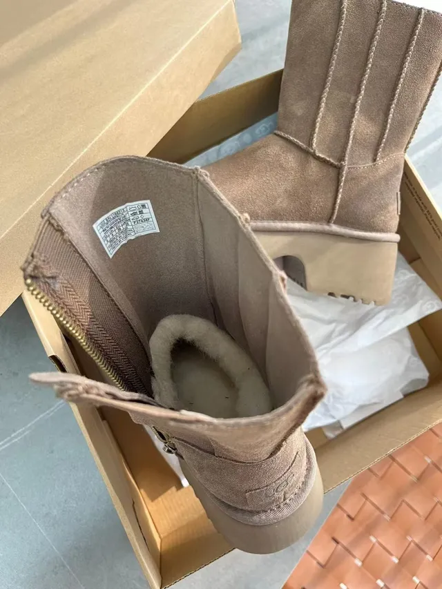 UGG Tasman بيج بني جلد ناعم علوي كعب منصة كثيف كعب منصة أحذية كاحل 9