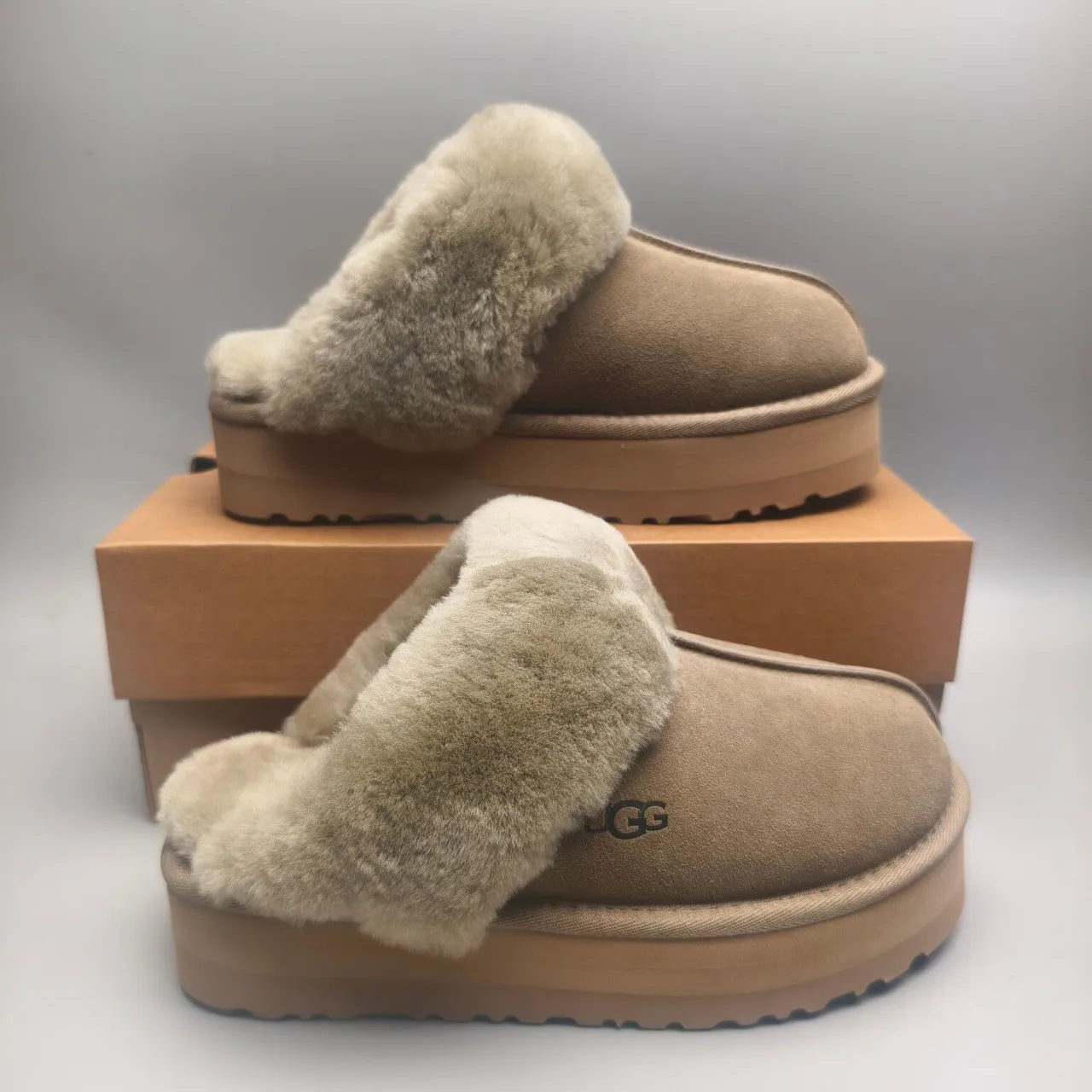 UGG Tasman Beige Shearling Platform Slippers 5