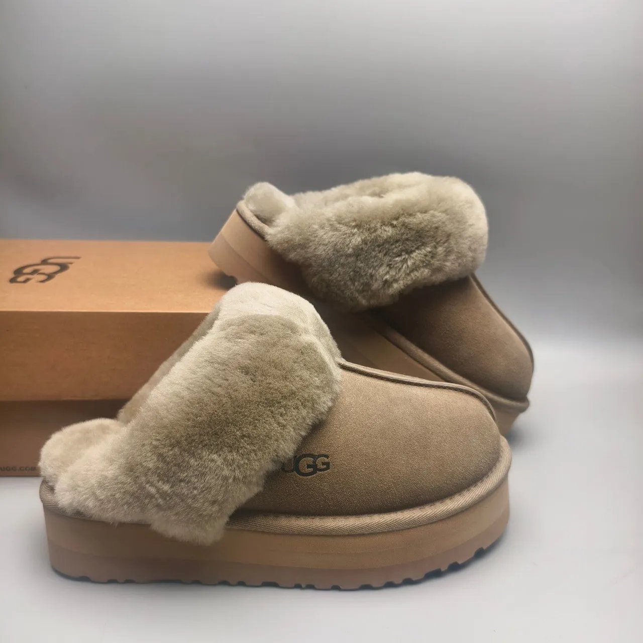 UGG Tasman Beige Shearling Platform Slippers 6
