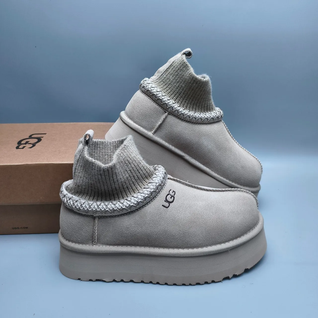 UGG Tasman Beige Slip-On Knit-Cuffed Snow Boots 6