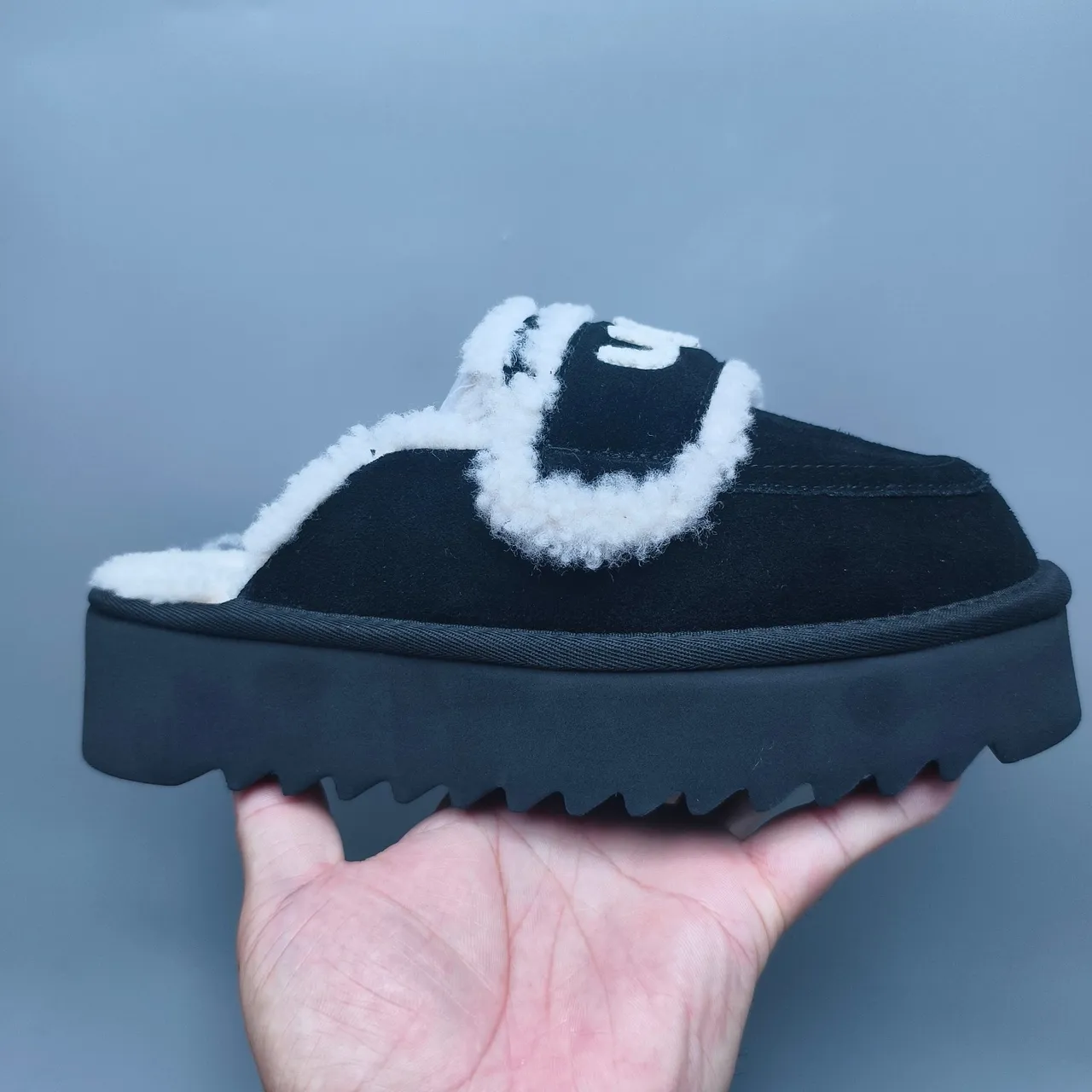 UGG Tasman Black and White Shearling Platform Slippers 2