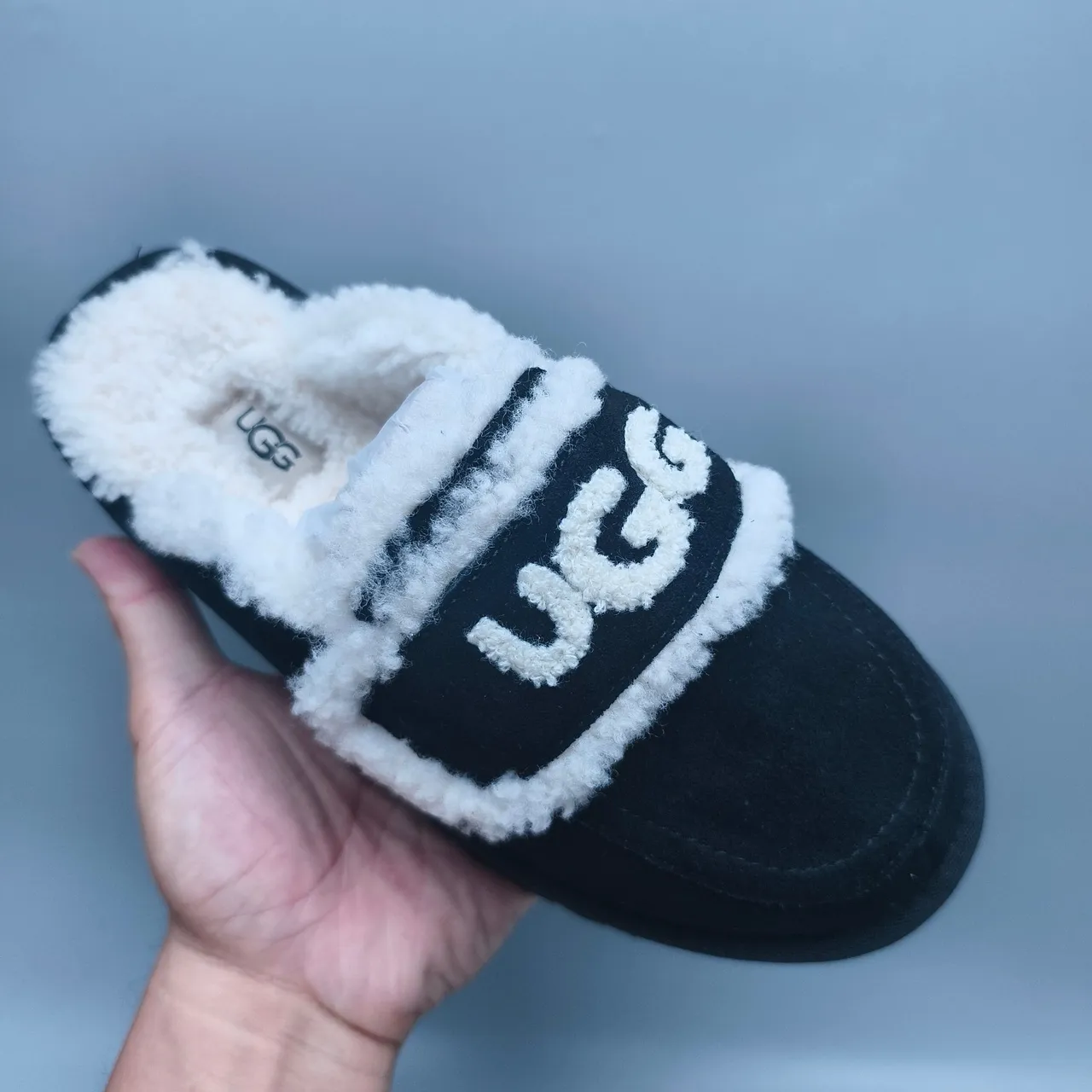 UGG Tasman Black and White Shearling Platform Slippers 3
