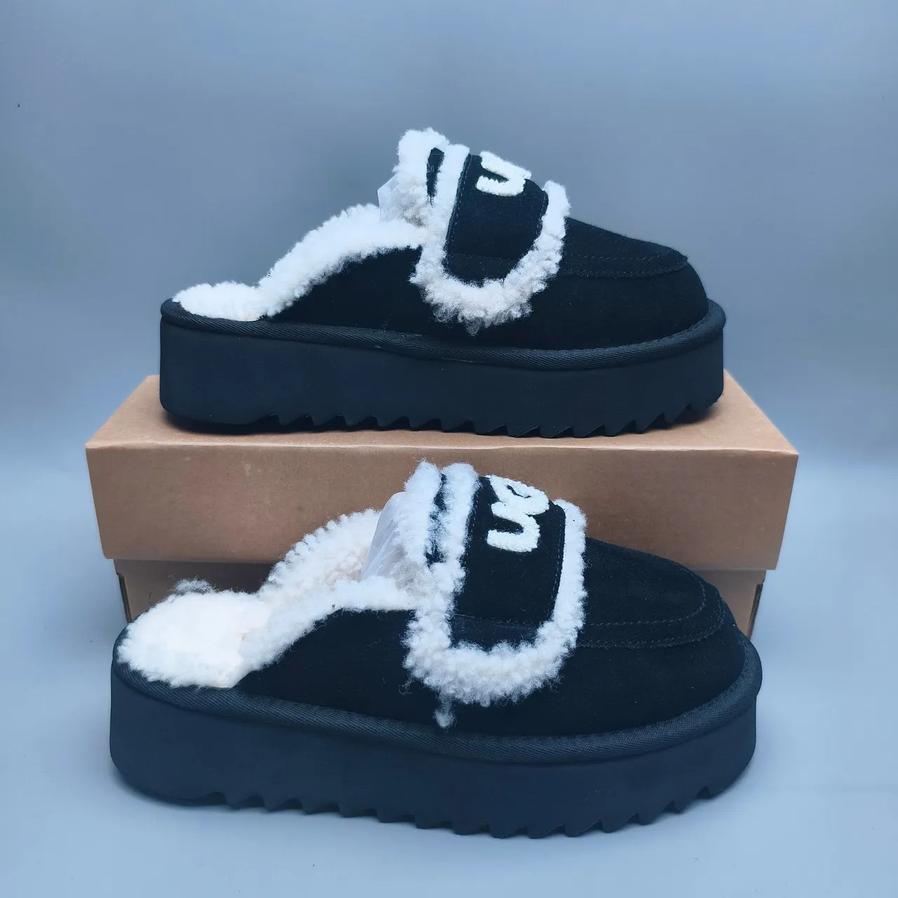 UGG Tasman Black and White Shearling Platform Slippers 5