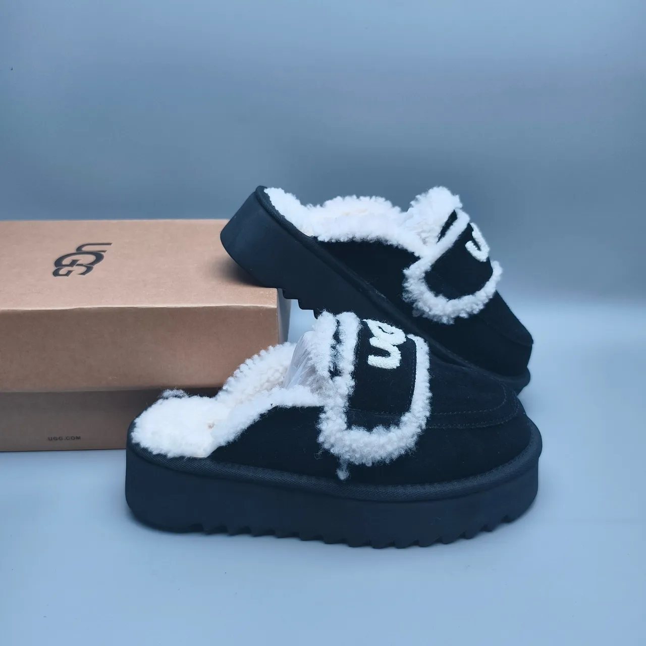 UGG Tasman Black and White Shearling Platform Slippers 6
