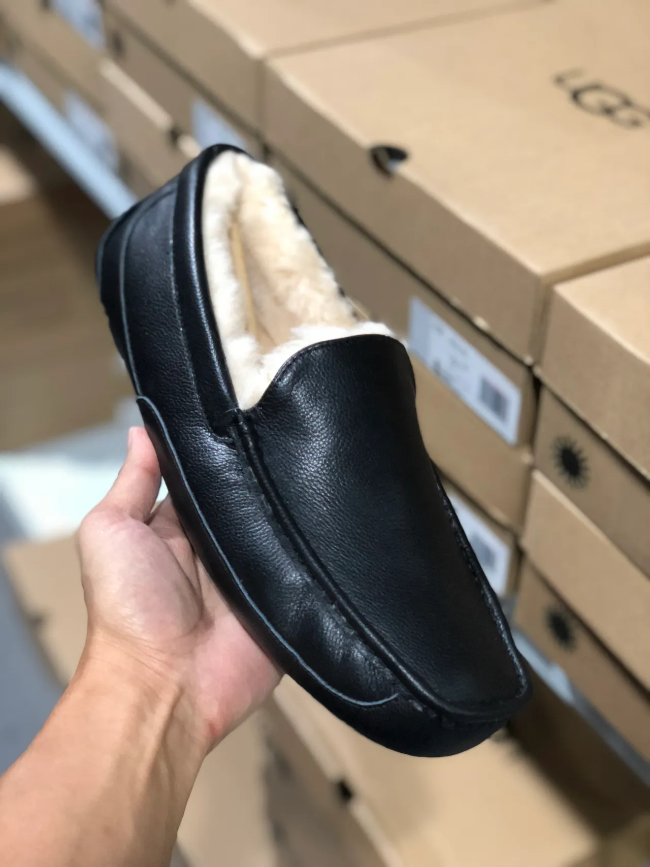 UGG Tasman Black Leather Shearling Loafers 6