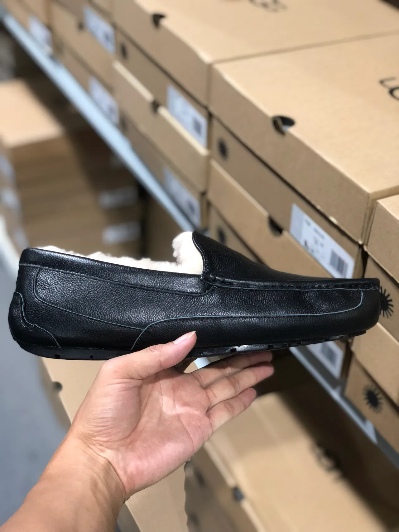 UGG Tasman Black Leather Shearling Loafers 7