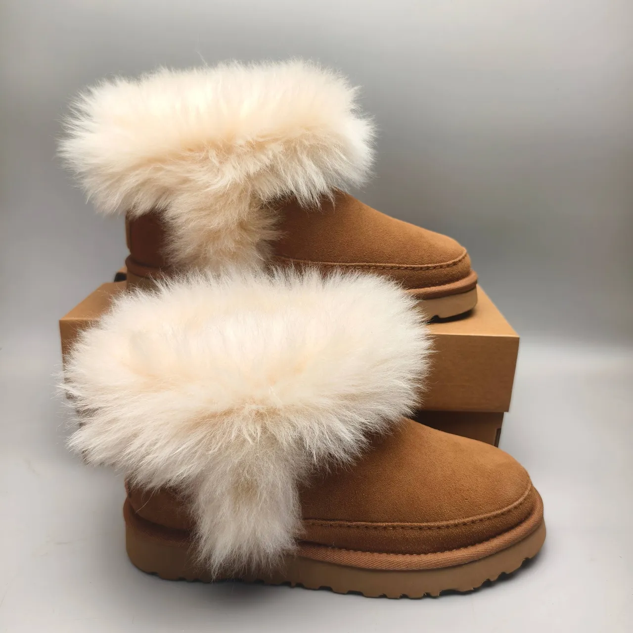 UGG Tasman Brown Beige Suede Upper Oversized Shearling Cuff Snow Boots 5