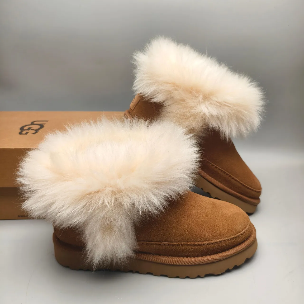 UGG Tasman Brown Beige Suede Upper Oversized Shearling Cuff Snow Boots 6