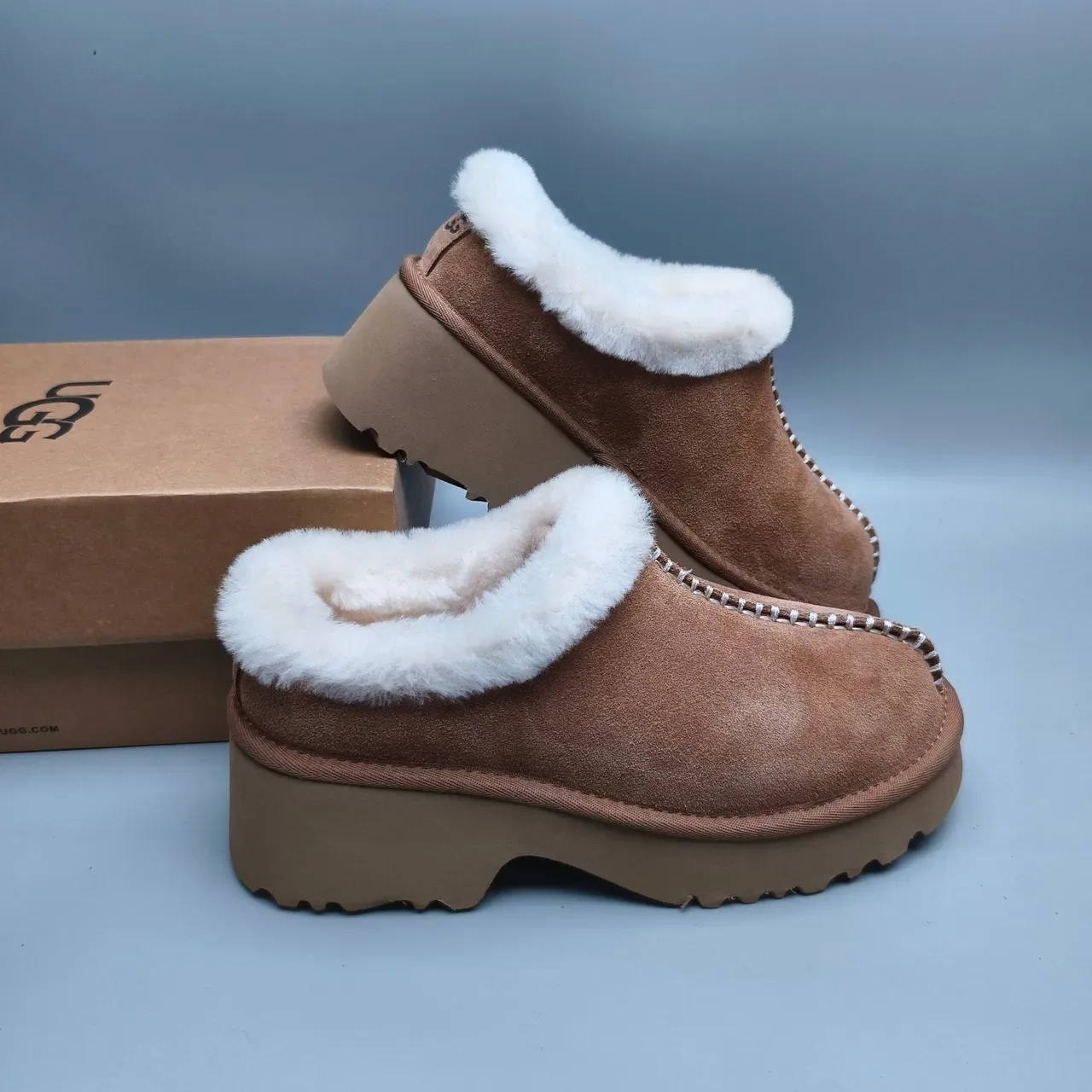 UGG Tasman Brown White Suede Upper Shearling-Lined Cuff Casual Shoes 6