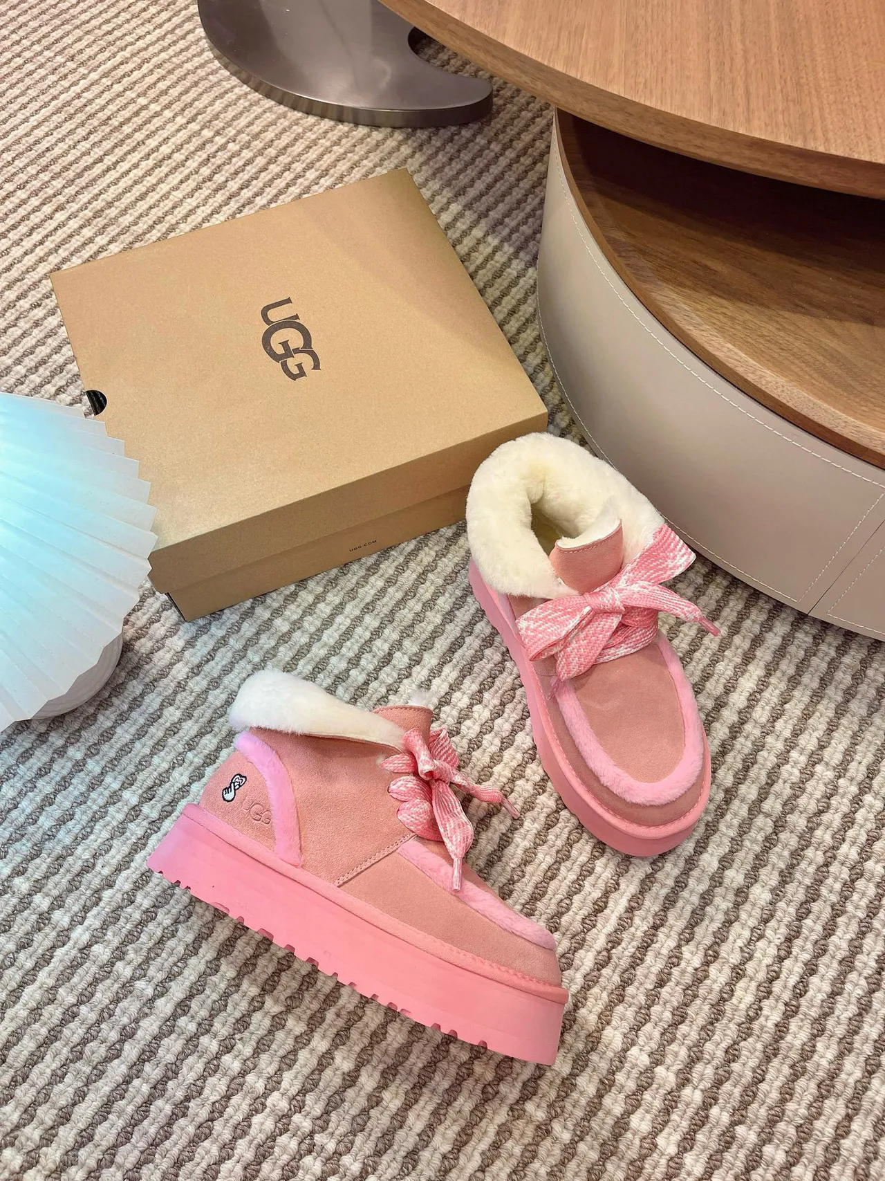 UGG Tasman Pink Beige Platform Sole Shearling-Lined Snow Boots 2