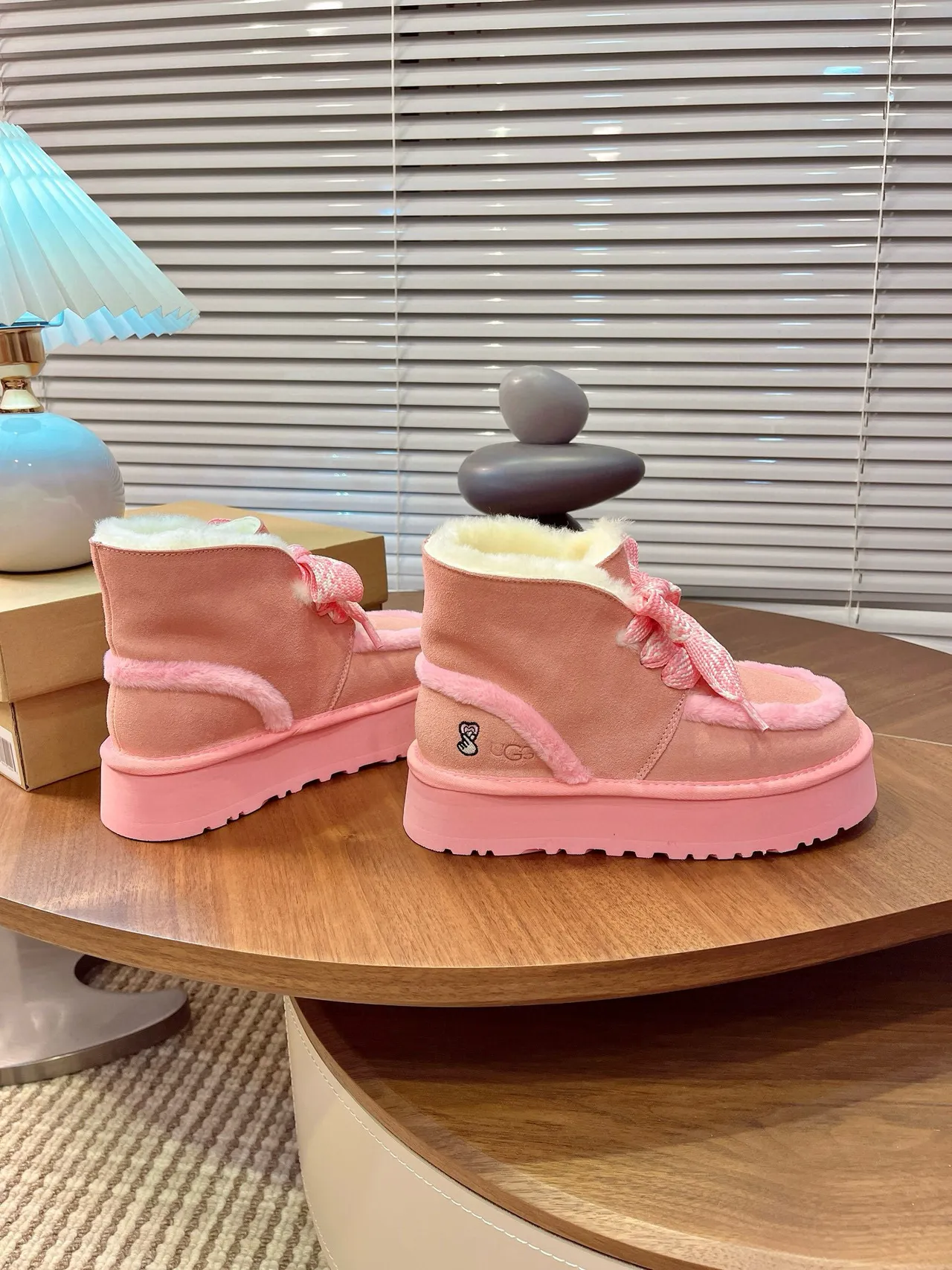 UGG Tasman Pink Beige Platform Sole Shearling-Lined Snow Boots 3