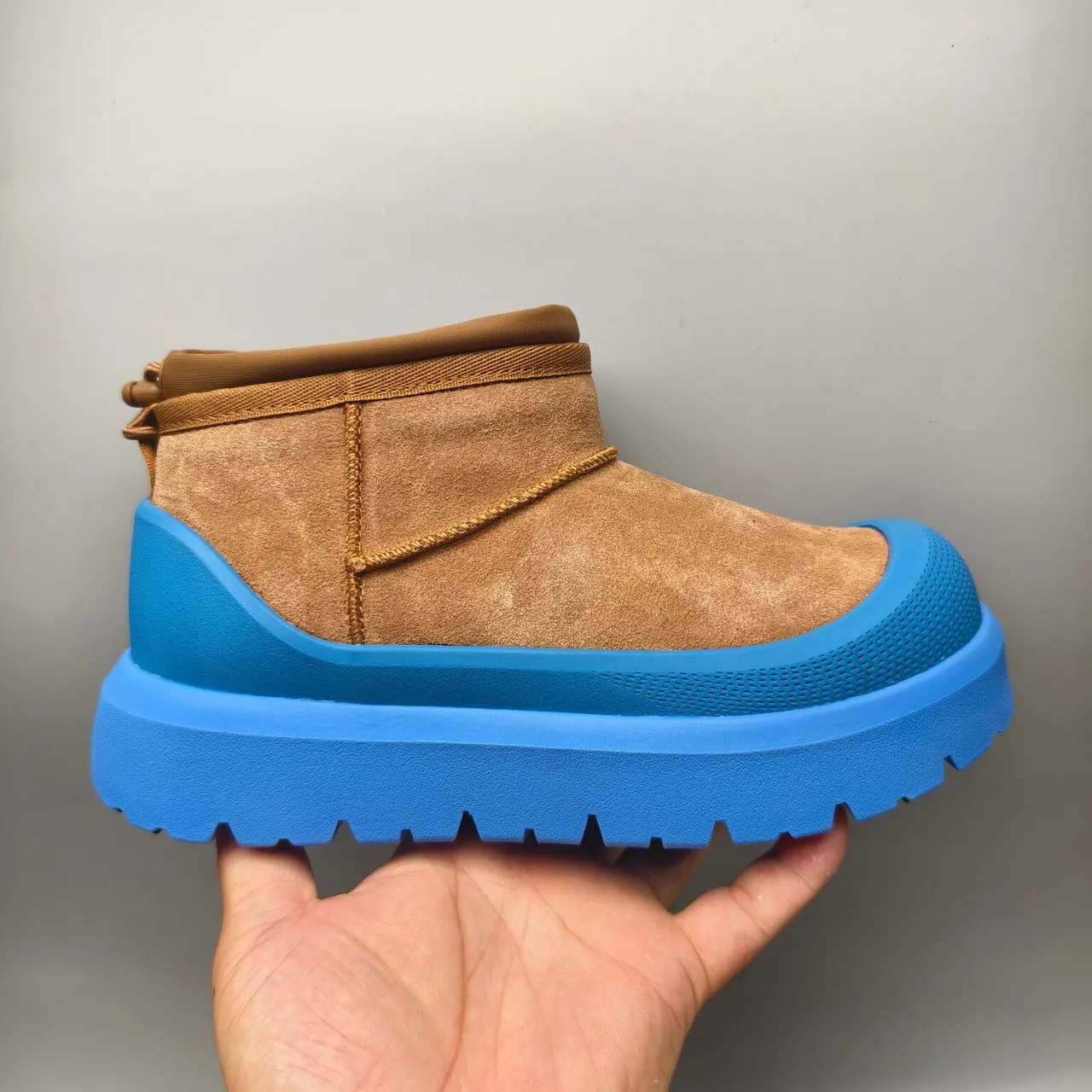 UGG Tasman-Style Tan Suede and Blue Platform Snow Boots 2