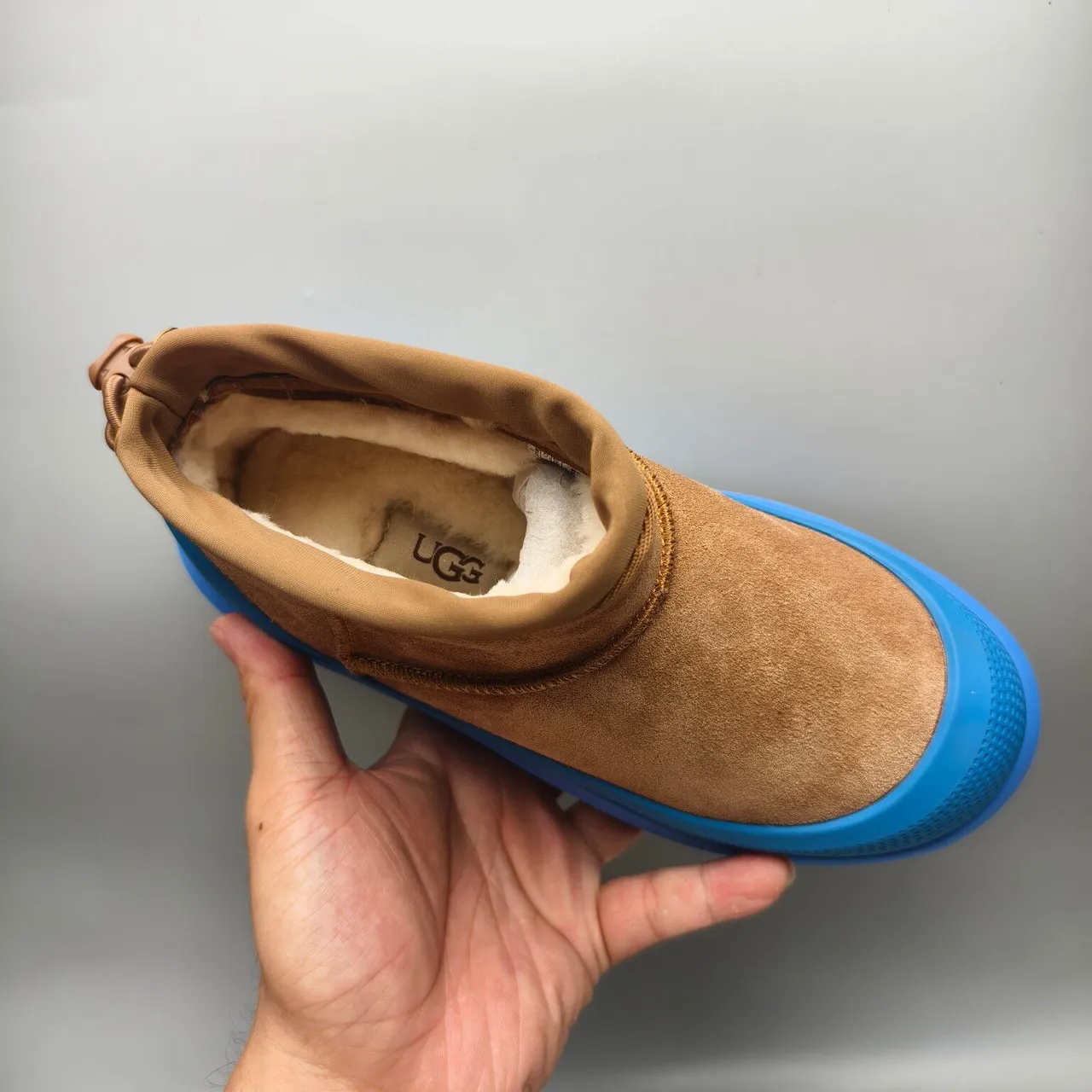 UGG Tasman-Style Tan Suede and Blue Platform Snow Boots 3