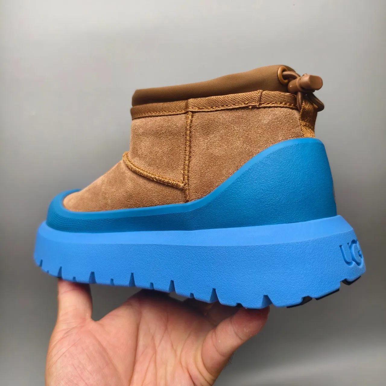 UGG Tasman-Style Tan Suede and Blue Platform Snow Boots 4