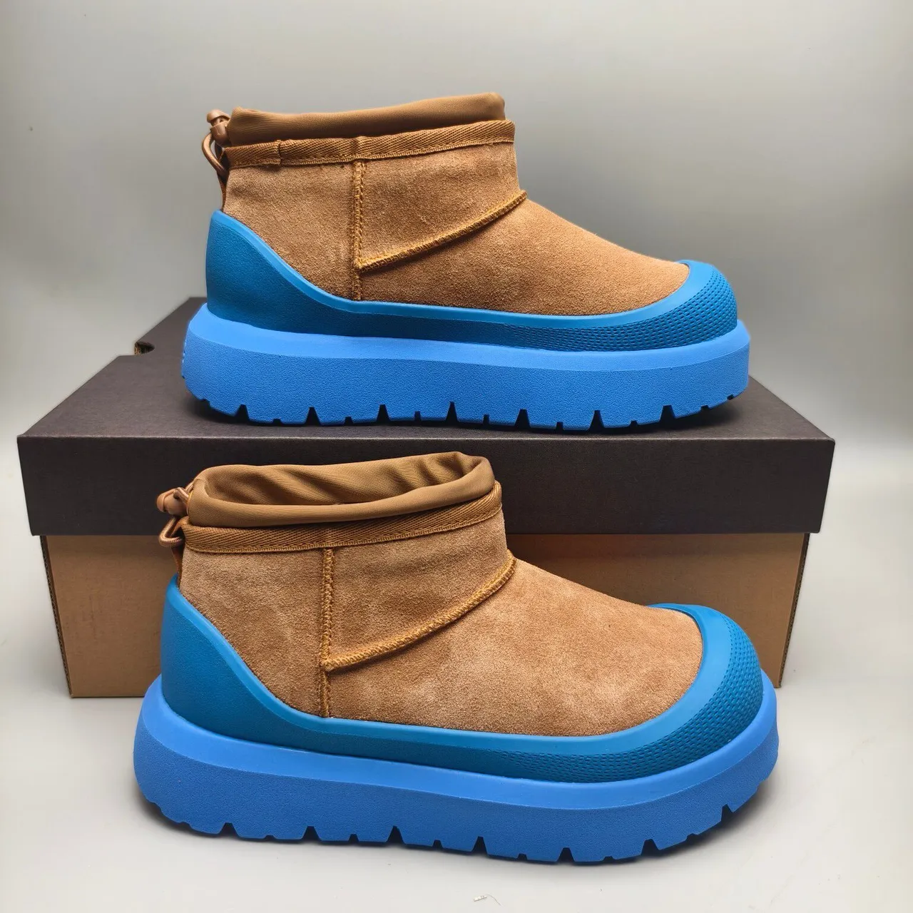 UGG Tasman-Style Tan Suede and Blue Platform Snow Boots 5