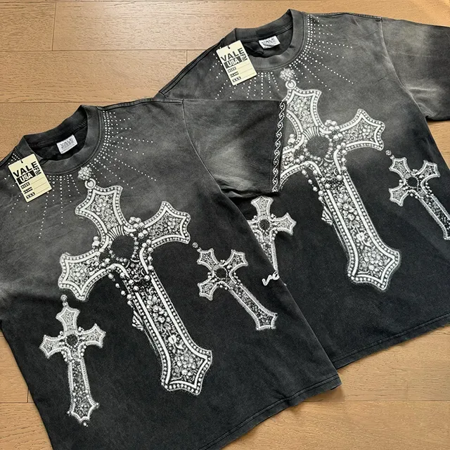 Vale Forever Rhinestone Cross Acid-Wash T-Shirt 2