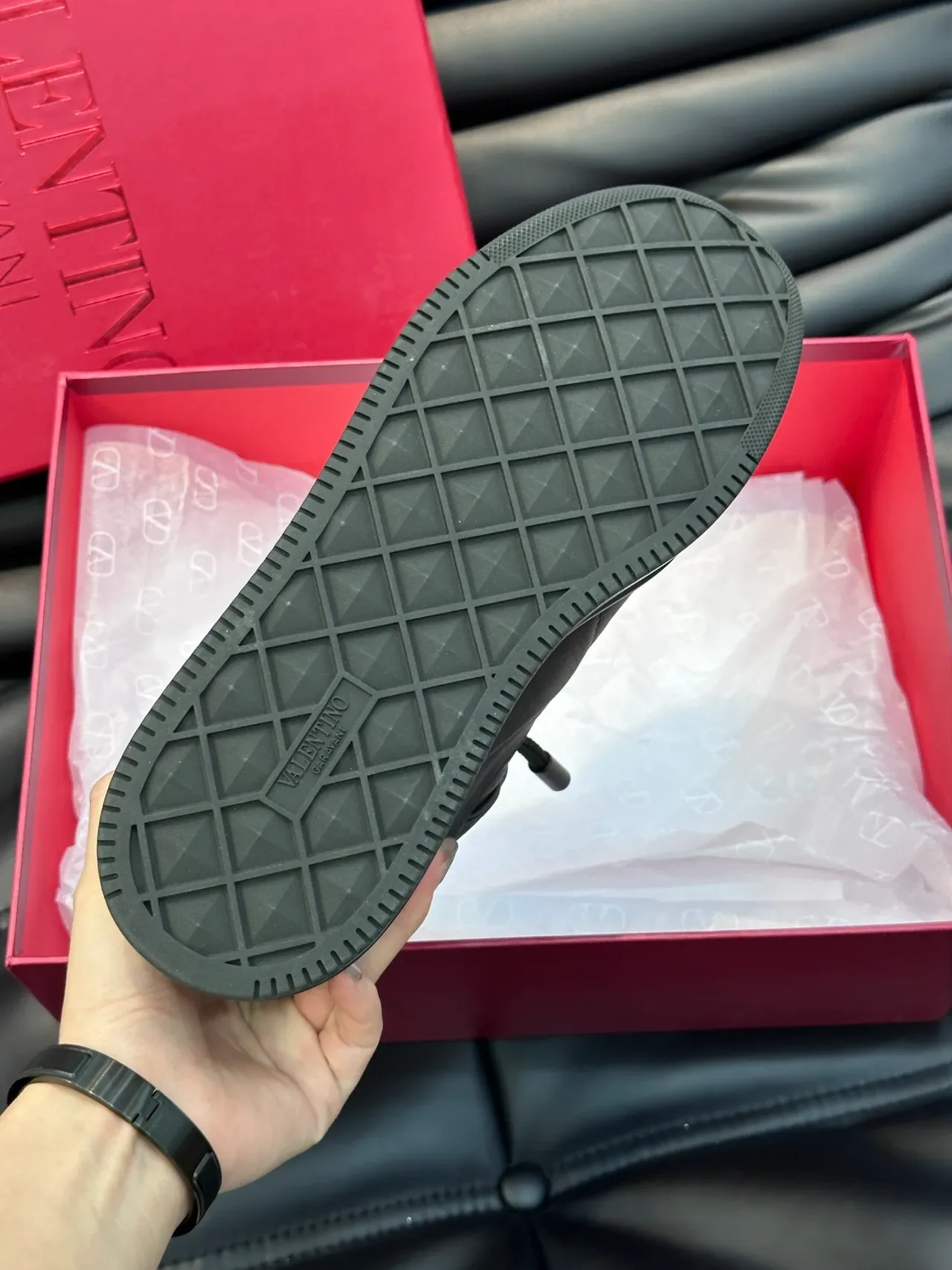Valentino Black Full-Grain Leather Upper Perforated Toe Cap Sneakers 2