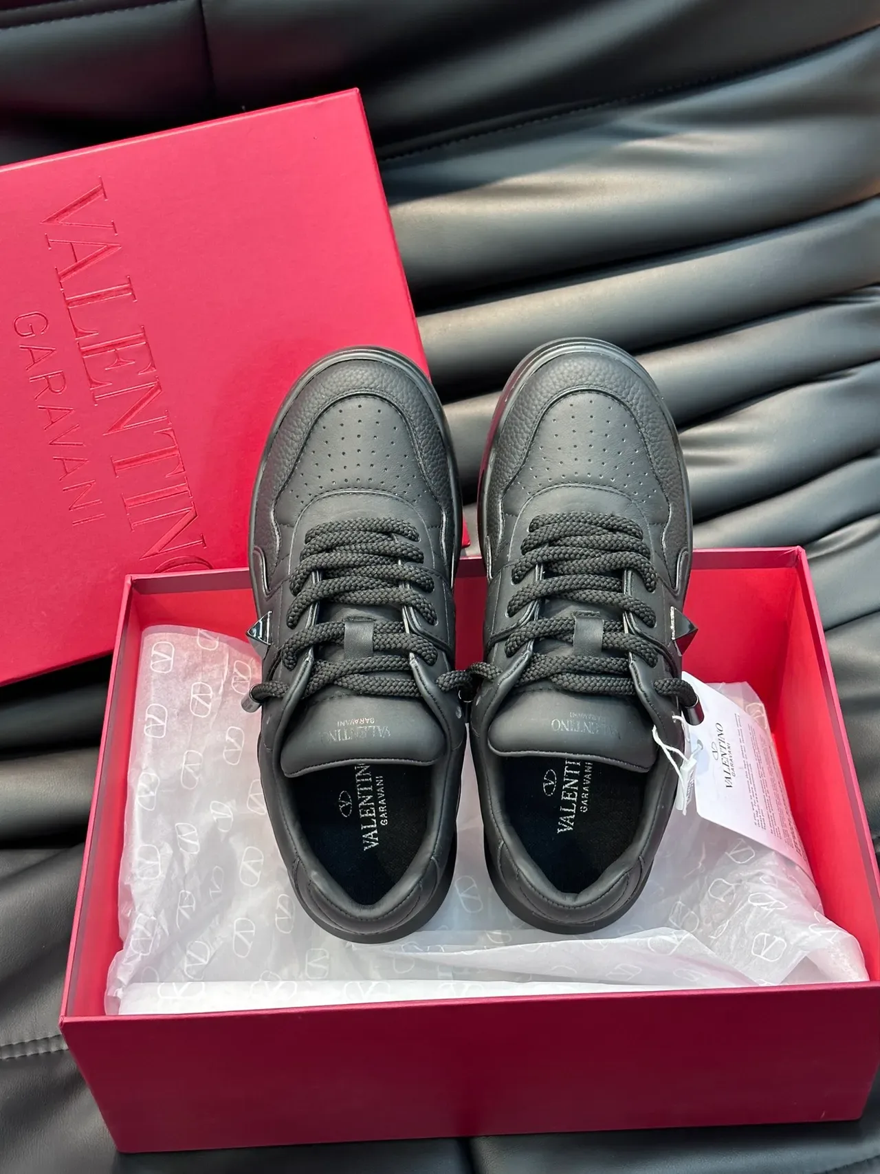 Valentino Black Full-Grain Leather Upper Perforated Toe Cap Sneakers 4