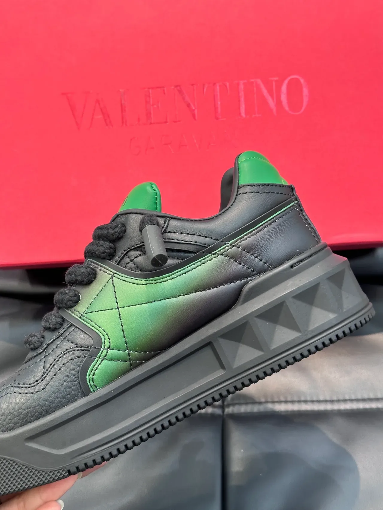 Valentino Rockstud Black Green Quilted Leather Upper Pyramid Chunky Sneakers 3