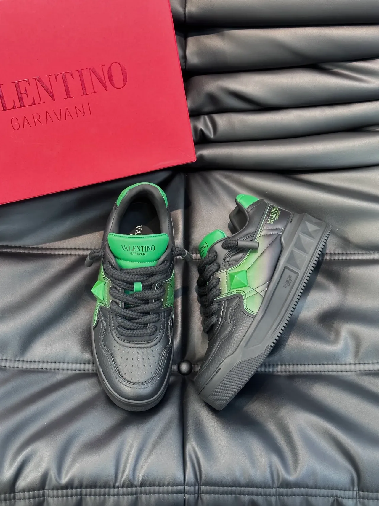 Valentino Rockstud Black Green Quilted Leather Upper Pyramid Chunky Sneakers 4