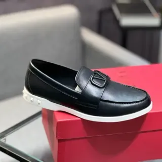 Valentino Rockstud Black White Leather VLOGO Buckle Loafer