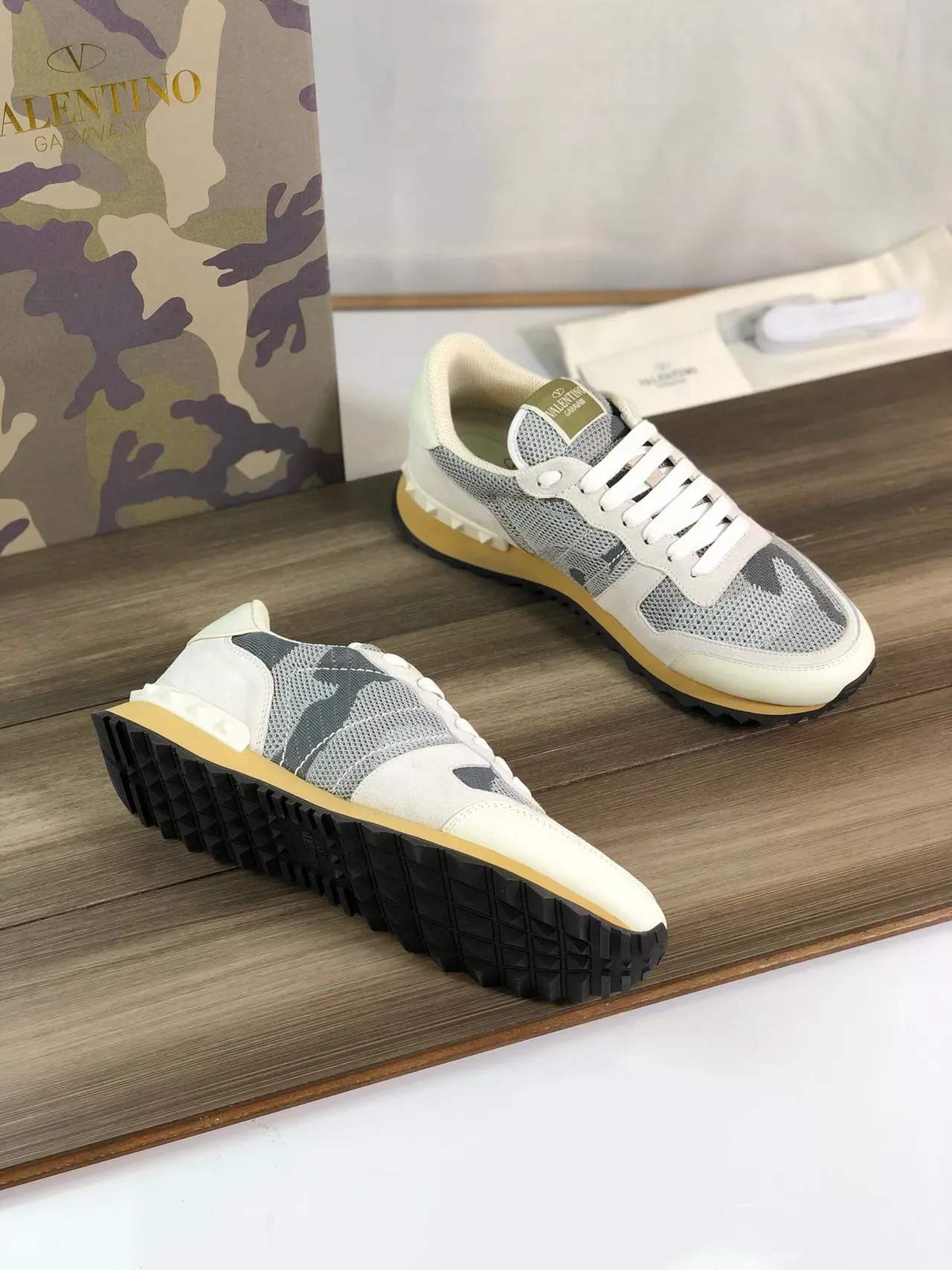 Valentino Rockstud Camouflage Mesh and Suede Lifestyle Sneakers 3