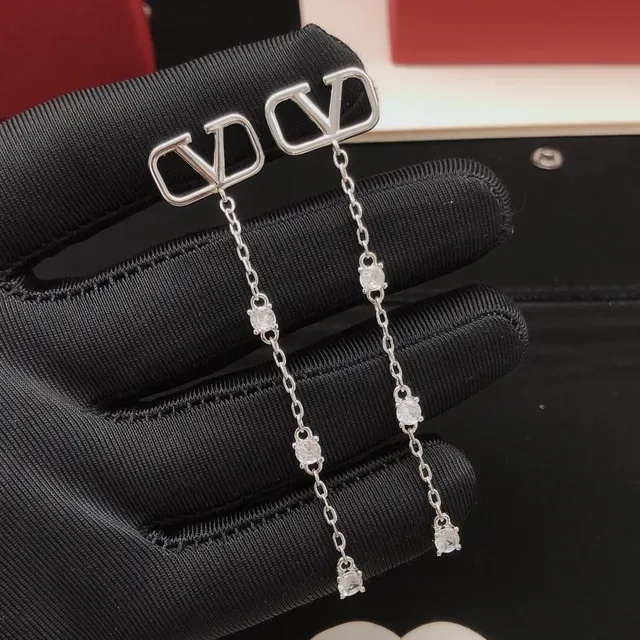 Valentino Silver White VLogo Motif Chain-Link Drop Earrings 5