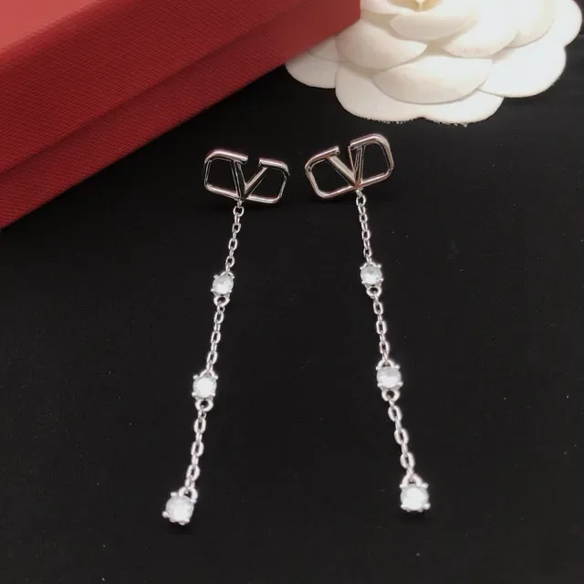 Valentino Silver White VLogo Motif Chain-Link Drop Earrings 6