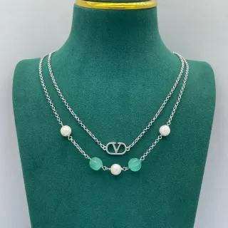 Valentino VLogo Double-Layer Pearl and Chalcedony Necklace